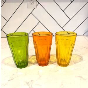 Vintage Pasabahce Palaks jewel-toned glass tumblers optic ribbed x3 mid century